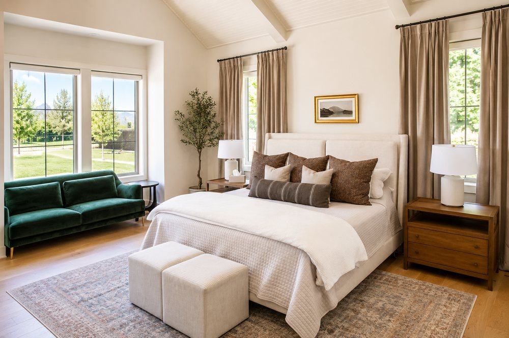 A primary bedroom styled with layered textiles and warm wood tones