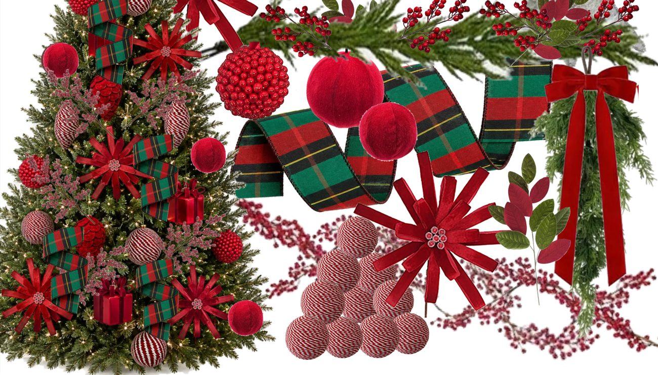 Classic Crimson holiday design board — deep red and green plaid